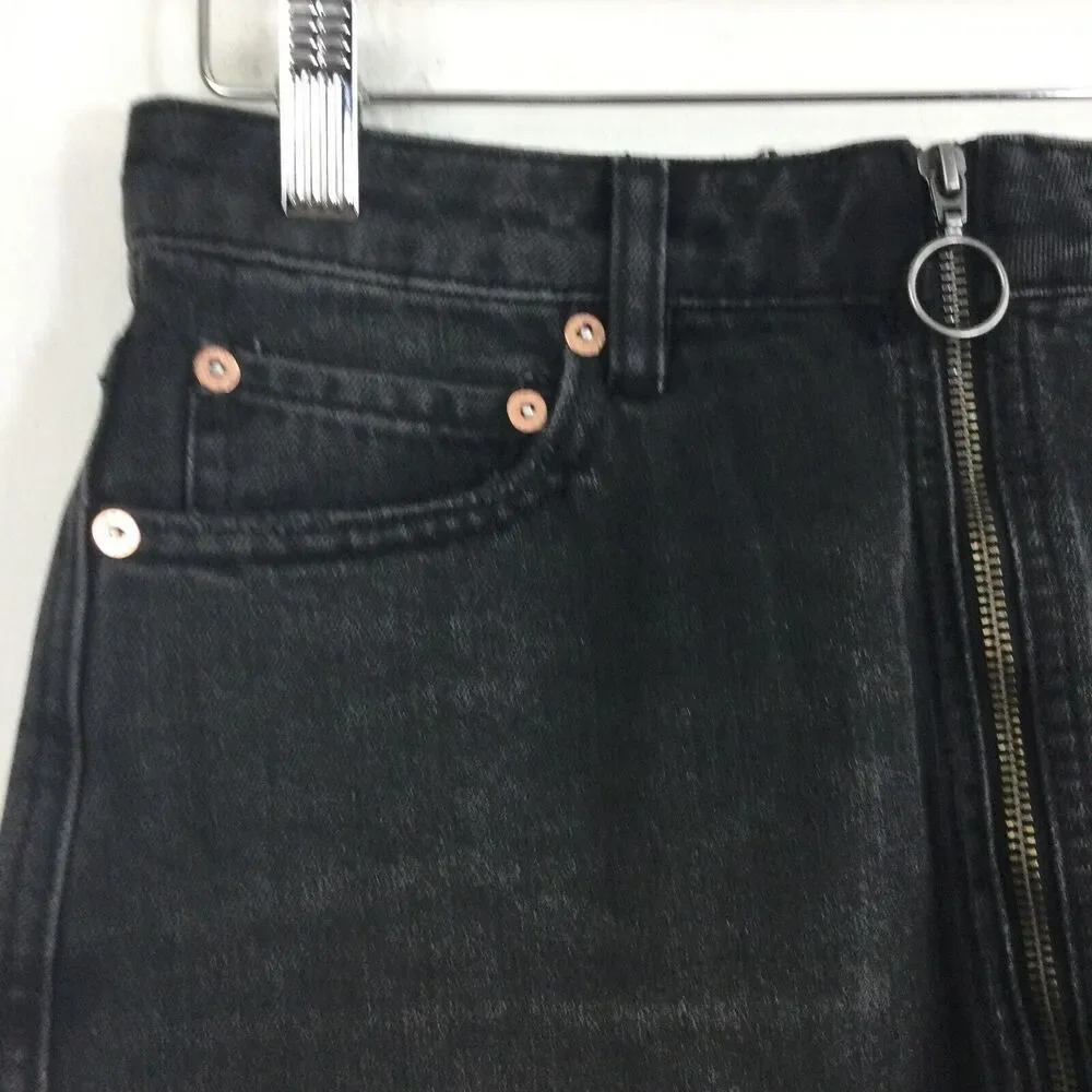 Free People Zip It Up Full Front Zipper Distressed Mini Denim Skirt Black Sz 26